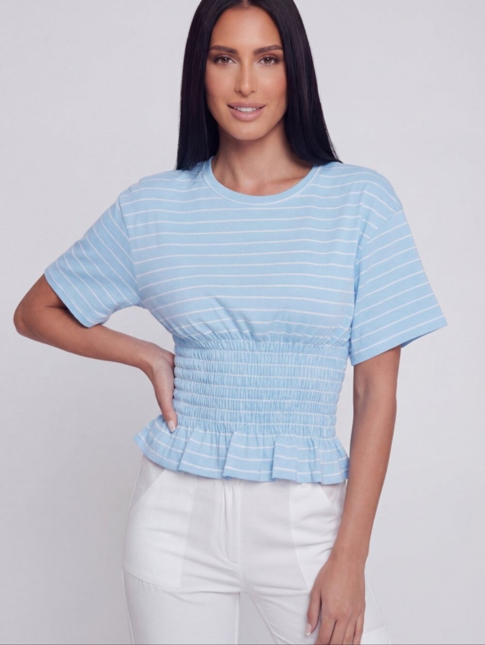 Smocked Peplum Stripe Top - Light Blue